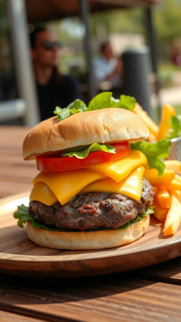 A homemade hamburger with cheese, lettuce, and tomato on a bun, served with fries on a wooden plate.